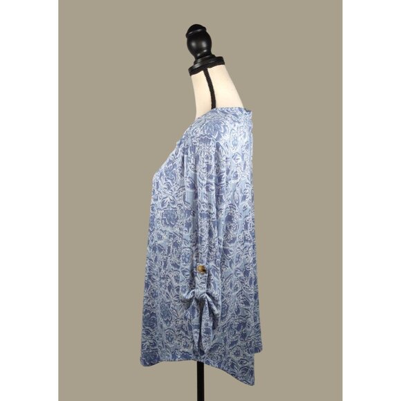 Como Vintage Blue Floral Print Blouse with 3/4 Roll-tab Sleeves Size XL NWT - Picture 5 of 11